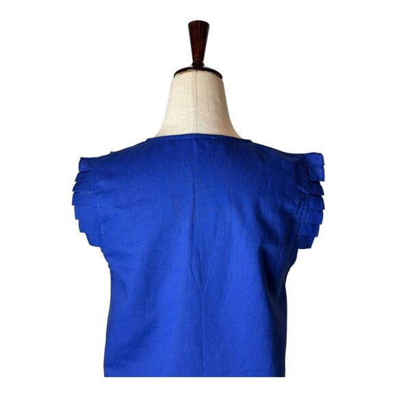 Jade Shirt Women Small Blue Linen Blend Ruffled V Neck Top Preppy Lagenlook - Picture 4 of 9